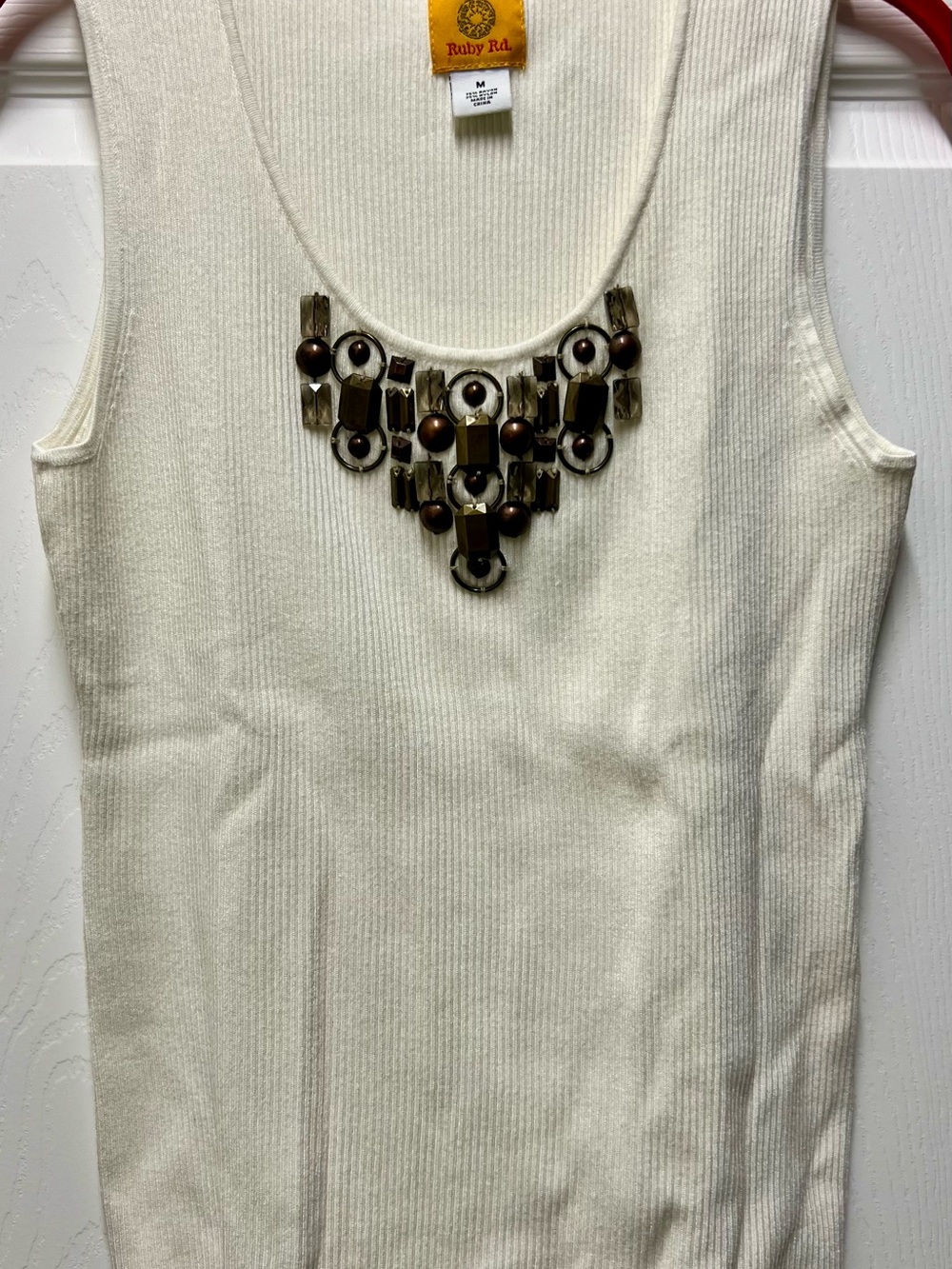 Ruby Rd. Ivory Ribbed Tank with Beaded Bib Necklace